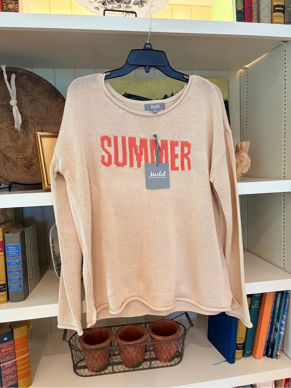 MARLED SUMMER SWEATER TAN with CORAL “SUMMER”TEXT ON FRONT NWT